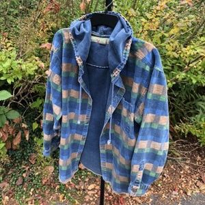 80's GLOBAL WORKWEAR Denim plaid print 'vintage' button-up hoodie